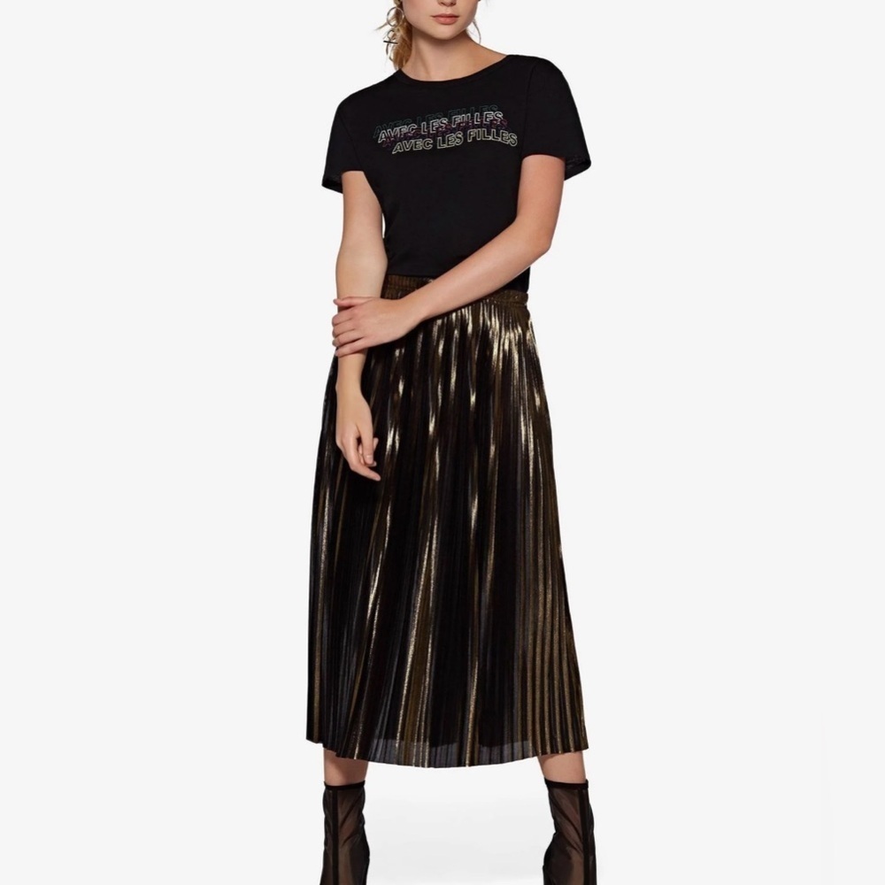 Avec Les Filles Metallic Gold Pleated Midi Skirt Size 0